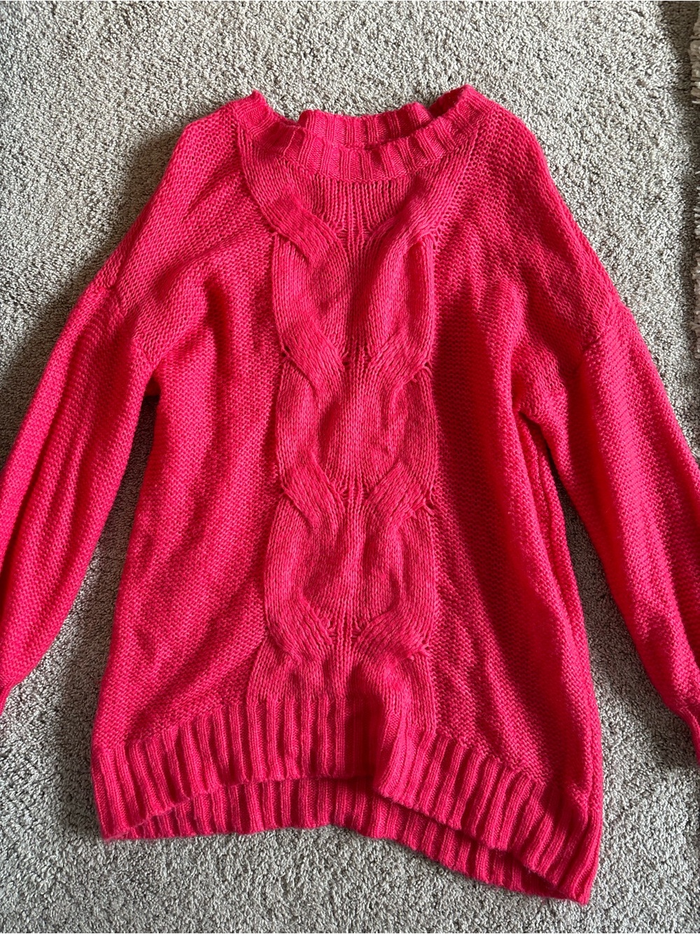 American Eagle Outfitters Bright Pink Cable Knit Crewneck Sweater